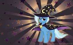 Size: 3036x1875 | Tagged: safe, artist:yamino, trixie, g4, abstract background, clothes, hat, lightly watermarked, looking at you, moon, photoshop, stars, wallpaper, watermark