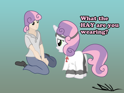 Size: 4000x3000 | Tagged: safe, artist:sintakhra, sweetie belle, human, pony, unicorn, g4, butt, christianity, cross, crusader, duo, fantasy class, female, filly, foal, human ponidox, humanized, knight, plot, warrior