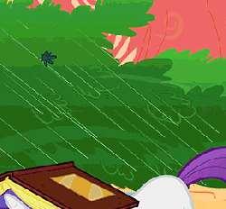 Size: 288x268 | Tagged: safe, screencap, rarity, pony, unicorn, g4, look before you sleep, season 1, animated, book, book hat, cropped, female, golden oaks library, mouth hold, rain, solo