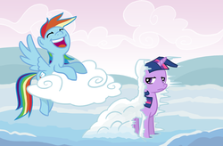 Size: 1022x672 | Tagged: safe, artist:gingermint, artist:icekatze, rainbow dash, twilight sparkle, g4, cloud, cloudy, duo, eyes closed, ice, prank, snow, twilight sparkle is not amused, unamused