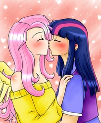 Size: 2491x3056 | Tagged: dead source, safe, artist:shiko-k, fluttershy, twilight sparkle, human, g4, blushing, breasts, clothes, duo, eyes closed, female, high res, humanized, kiss on the lips, kissing, lesbian, off shoulder, ship:twishy, shipping