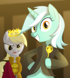Size: 1080x1200 | Tagged: safe, artist:equestria-prevails, derpy hooves, lyra heartstrings, pegasus, pony, unicorn, g4, crossover, female, game of thrones, hand of the king, king, mare, queen
