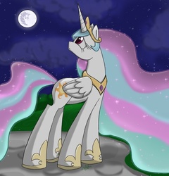 Size: 876x912 | Tagged: safe, artist:aprilexi, princess celestia, alicorn, pony, g4, female, mare, mare in the moon, moon, sad, solo