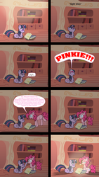 Size: 1000x1775 | Tagged: safe, artist:countdoofus, pinkie pie, twilight sparkle, g4, cartoon physics, comic, lightbulb, lying down, pinkie being pinkie, pinkie physics, ponyloaf, prone