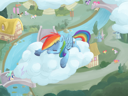 Size: 1776x1345 | Tagged: safe, artist:a6p, apple bloom, bon bon, lyra heartstrings, pinkie pie, rainbow dash, scootaloo, sweetie belle, sweetie drops, twilight sparkle, oc, g4, cloud, cloudy, cutie mark crusaders, ponyville, scenery, sleeping