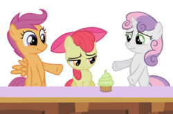 Size: 3000x1974 | Tagged: safe, artist:dipi11, apple bloom, scootaloo, sweetie belle, earth pony, pony, g4, the cutie pox, bipedal, cupcake, cute, cutie mark crusaders, daaaaaaaaaaaw, female, filly, looking at something, pointing, sad, simple background, table, transparent background, vector