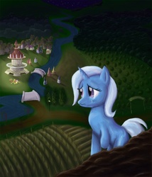 Size: 1000x1169 | Tagged: safe, artist:fox-moonglow, trixie, pony, unicorn, g4, crying, female, mare, night, ponyville, ponyville town hall, river, sad, scenery, solo