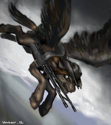 Size: 4000x4480 | Tagged: safe, artist:vombavr, oc, oc only, oc:calamity, pegasus, pony, fallout equestria, absurd resolution, badass, battle saddle, fanfic, fanfic art, gun, hat, machine gun, male, realistic horse legs, solo, stallion, weapon, wings