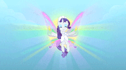 Size: 640x360 | Tagged: safe, screencap, rarity, pony, g4, season 1, sonic rainboom (episode), animated, clothes, day, eyes closed, female, flapping, floating, flying, glimmer wings, loop, sky, solo, sun, weather factory uniform, wings