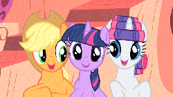 Size: 640x360 | Tagged: dead source, safe, screencap, applejack, rarity, twilight sparkle, earth pony, pony, unicorn, g4, look before you sleep, season 1, animated, cute, eyes closed, female, golden oaks library, hair curlers, happy, hoofbump, hooves in air, jackabetes, raribetes, smiling, trio, twiabetes, unicorn twilight