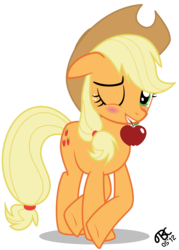 Size: 5000x7000 | Tagged: safe, artist:tbcroco, applejack, pony, absurd resolution, apple, blushing, crossed hooves, cute, female, jackabetes, mouth hold, obligatory apple, show accurate, simple background, solo, transparent background, vector, wink