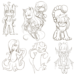 Size: 900x900 | Tagged: safe, artist:sirachanotsauce, manticore, monster pony, octopony, original species, belly button, female, horn, horn ring, monochrome, monster, monster mare encyclopedia, tentacles, twins