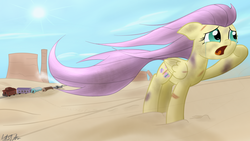 Size: 1280x720 | Tagged: safe, artist:mattatatta, fluttershy, pegasus, pony, survivor shy, g4, bruised, crying, cut, desert, female, injured, mare, solo, train, train wreck