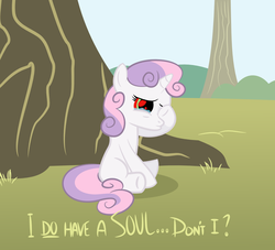 Size: 1248x1131 | Tagged: safe, artist:shadowdark3, sweetie belle, pony, robot, robot pony, unicorn, g4, blank flank, crying, female, filly, foal, hooves, horn, philosophy, red eyes, sad, sitting, solo, soul, sweetie bot, text, tree