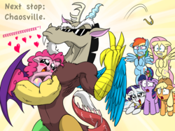 Size: 1200x898 | Tagged: safe, artist:mickeymonster, applejack, discord, fluttershy, pinkie pie, rainbow dash, rarity, twilight sparkle, draconequus, earth pony, pegasus, pony, unicorn, g4, the return of harmony, alternate ending, big crown thingy, confused, cute, dashabetes, diapinkes, discute, eeee, element of generosity, element of honesty, element of kindness, element of laughter, element of loyalty, element of magic, elements of harmony, female, floppy ears, fluffy, flying, frown, gradient background, gritted teeth, heart, holding a pony, hug, jackabetes, jewelry, lidded eyes, male, mare, muscles, on side, one of these things is not like the others, open mouth, raised eyebrow, raribetes, regalia, ship:discopie, shipper on deck, shipperity, shipping, shocked, shyabetes, smiling, spread wings, squee, straight, stupid sexy discord, sunglasses, swoon, throwing, twiabetes, unicorn twilight, varying degrees of want, wide eyes
