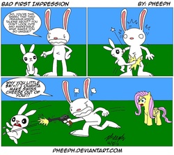 Size: 1015x900 | Tagged: safe, artist:pheeph, angel bunny, fluttershy, g4, angel is a bunny bastard, comic, crossover, gun, kicked in the crotch, luger, max (sam and max), sam and max