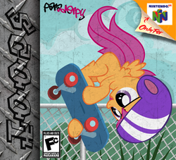 Size: 2200x2000 | Tagged: dead source, safe, artist:slitherpon, scootaloo, pegasus, pony, g4, box art, esrb, female, filly, high res, nintendo 64, skateboard, solo