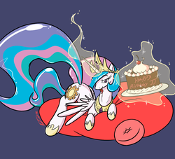 Size: 1100x1000 | Tagged: dead source, safe, artist:no-ink, princess celestia, alicorn, pony, g4, birthday, cake, female, food, john joseco, mare, solo