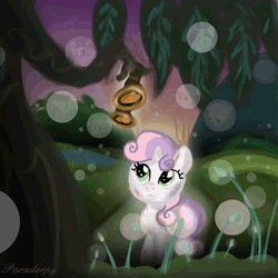 Size: 2500x2500 | Tagged: dead source, safe, artist:slitherpon, sweetie belle, pony, g4, abstract background, beautiful, bubble, cattails, complex background, cute, diasweetes, dirty, female, glowing, glowing plant, goggles, high res, leaf, looking up, memories, nature, plant, reeds, scenery, scenery porn, signature, solo, sun, tree