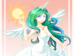 Size: 800x611 | Tagged: safe, artist:canarycharm, princess celestia, human, g4, clothes, dress, female, humanized, solo