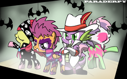 Size: 2400x1500 | Tagged: dead source, safe, artist:slitherpon, apple bloom, scootaloo, spike, sweetie belle, g4, the show stoppers, clothes, cutie mark crusaders, face paint, show stopper outfits