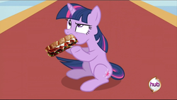 Size: 1360x768 | Tagged: safe, edit, edited screencap, screencap, twilight sparkle, pony, unicorn, g4, eating, female, food, hub logo, mare, not porn, sandwich, sandwich censorship, solo, unicorn twilight