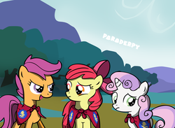 Size: 2600x1900 | Tagged: dead source, safe, artist:slitherpon, apple bloom, scootaloo, sweetie belle, earth pony, pegasus, pony, unicorn, g4, cape, clothes, cutie mark crusaders, female, filly, foal, outdoors, trio