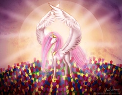 Size: 1008x792 | Tagged: dead source, safe, artist:antoinetterosae, princess celestia, alicorn, pony, g4, eyes closed, female, flower, solo, sun