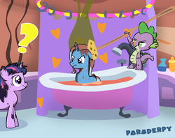 Size: 2650x2100 | Tagged: dead source, safe, artist:slitherpon, spike, trixie, twilight sparkle, unicorn, fanfic:getting back on your hooves, g4, bath, bathtub, claw foot bathtub, clothespin, fanfic art, high res, skunk spray, smell, tomato juice, unicorn twilight, visible stench