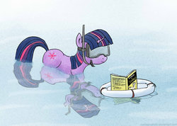 Size: 640x456 | Tagged: dead source, safe, artist:el-yeguero, artist:ryedeer-photo, twilight sparkle, pony, unicorn, g4, book, dive mask, female, floaty, for dummies, mare, reflection, signature, snorkel, solo, swimming, unicorn twilight