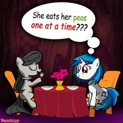 Size: 1500x1500 | Tagged: dead source, safe, artist:slitherpon, dj pon-3, octavia melody, vinyl scratch, g4, chair, eating, eyes closed, female, flower, food, fork, herbivore, lesbian, pea, ship:scratchtavia, shipping, sitting, table, tablecloth, thought bubble