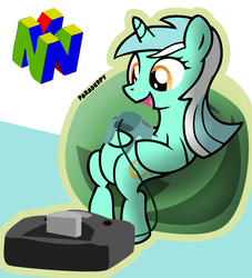 Size: 2000x2200 | Tagged: dead source, safe, artist:slitherpon, lyra heartstrings, pony, unicorn, g4, female, high res, mare, meme, nintendo, nintendo 64, sitting, sitting lyra, solo