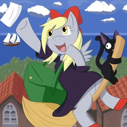 Size: 1500x1500 | Tagged: safe, artist:7th-swell, derpy hooves, cat, pegasus, pony, g4, anime, boat, bow, broom, clinging, clothes, cosplay, costume, crossover, cute, derpabetes, eye clipping through hair, female, flying, flying broomstick, house, kiki's delivery service, letter, mail, mailbag, mare, ocean, open mouth, parody, scared, smiling, spread wings, studio ghibli, tree, wide eyes