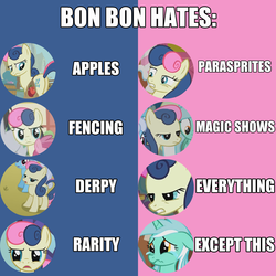 Size: 1000x1000 | Tagged: safe, bon bon, lyra heartstrings, sweetie drops, earth pony, pony, unicorn, call of the cutie, g4, swarm of the century, bon bon is not amused, female, hate, horn, image macro, lesbian, love, ship:lyrabon, shipping