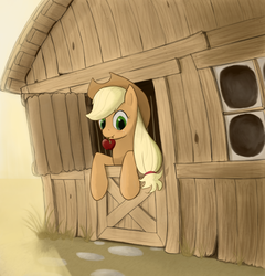 Size: 1250x1300 | Tagged: safe, artist:bakuel, applejack, earth pony, pony, g4, barn, door, female, obligatory apple, solo