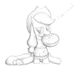 Size: 797x797 | Tagged: safe, artist:bakuel, applejack, earth pony, pony, g4, female, food, looking at you, monochrome, mouth hold, pie, sitting, sketch, solo