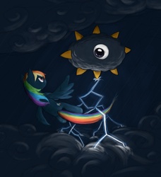 Size: 1117x1223 | Tagged: safe, artist:bakuel, rainbow dash, g4, cloud, cloudy, crossover, dark, duo, fight, flying, kirby (series), kracko, lightning