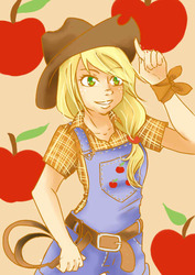 Size: 424x600 | Tagged: safe, artist:hana7, applejack, human, g4, apple, applejack's hat, belt, clothes, cowboy hat, female, food, freckles, hat, humanized, shirt, smiling, solo