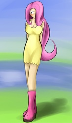 Size: 1400x2400 | Tagged: safe, artist:darkplanetjohnson132, fluttershy, human, g4, breasts, busty fluttershy, cleavage, clothes, dress, female, humanized, solo