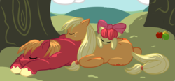 Size: 1584x736 | Tagged: safe, artist:koeks-bienchen, apple bloom, applejack, big macintosh, earth pony, pony, g4, hatless, male, missing accessory, sleeping, stallion