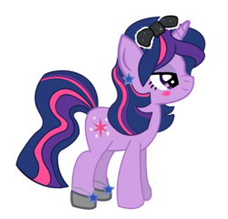 Size: 1200x1151 | Tagged: safe, artist:schnuffitrunks, twilight sparkle, pony, unicorn, g4, alternate hairstyle, bow, ear piercing, earring, female, grin, hoof shoes, jewelry, makeover, mare, piercing, simple background, smiling, solo, transparent background, unicorn twilight
