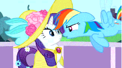 Size: 520x293 | Tagged: safe, screencap, rainbow dash, rarity, g4, season 2, sweet and elite, animated, boop, clothes, dress, duo, female, hat, noseboop