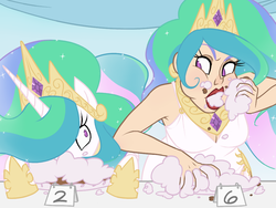 Size: 1024x768 | Tagged: safe, artist:thelivingmachine02, princess celestia, alicorn, human, pony, g4, cake, cakelestia, eating contest, female, food, human ponidox, humanized, majestic as fuck, mare, messy eating, this will end in weight gain