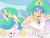 Size: 1024x768 | Tagged: safe, artist:thelivingmachine02, princess celestia, alicorn, human, pony, g4, alicorn metabolism, cake, cakelestia, cheek bulge, crown, duo, eating contest, female, food, hoof shoes, human female, human ponidox, humanized, jewelry, majestic as fuck, mare, messy eating, princess shoes, regalia, stuffing, this will end in weight gain