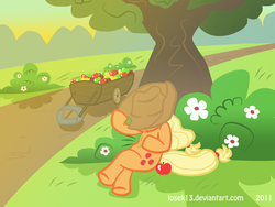 Size: 1500x1125 | Tagged: safe, artist:losek13, applejack, earth pony, semi-anthro, g4, apple, cart, female, food, obligatory apple, sleeping, solo, tree