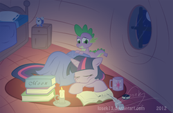 Size: 1300x850 | Tagged: safe, artist:losek13, spike, twilight sparkle, g4, bed, sleeping