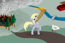 Size: 868x577 | Tagged: safe, artist:philith, derpy hooves, pegasus, pony, g4, female, fire, mare, olympics, solo, torch