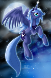 Size: 850x1300 | Tagged: safe, artist:thepipefox, princess luna, pony, g4, female, flying, moon, s1 luna, solo