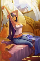 Size: 799x1200 | Tagged: safe, artist:quizzicalkisses, twilight sparkle, human, g4, armpits, bed, bedroom, book, clothes, curvy, cute, dark skin, eyes closed, female, humanized, midriff, morning ponies, sitting, smiling, solo, stretching, twiabetes, wide hips, window