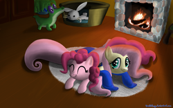 Size: 2000x1250 | Tagged: safe, artist:deathpwny, angel bunny, fluttershy, gummy, pinkie pie, g4, clothes, female, fireplace, lesbian, ship:flutterpie, shipping, sweater, sweatershy